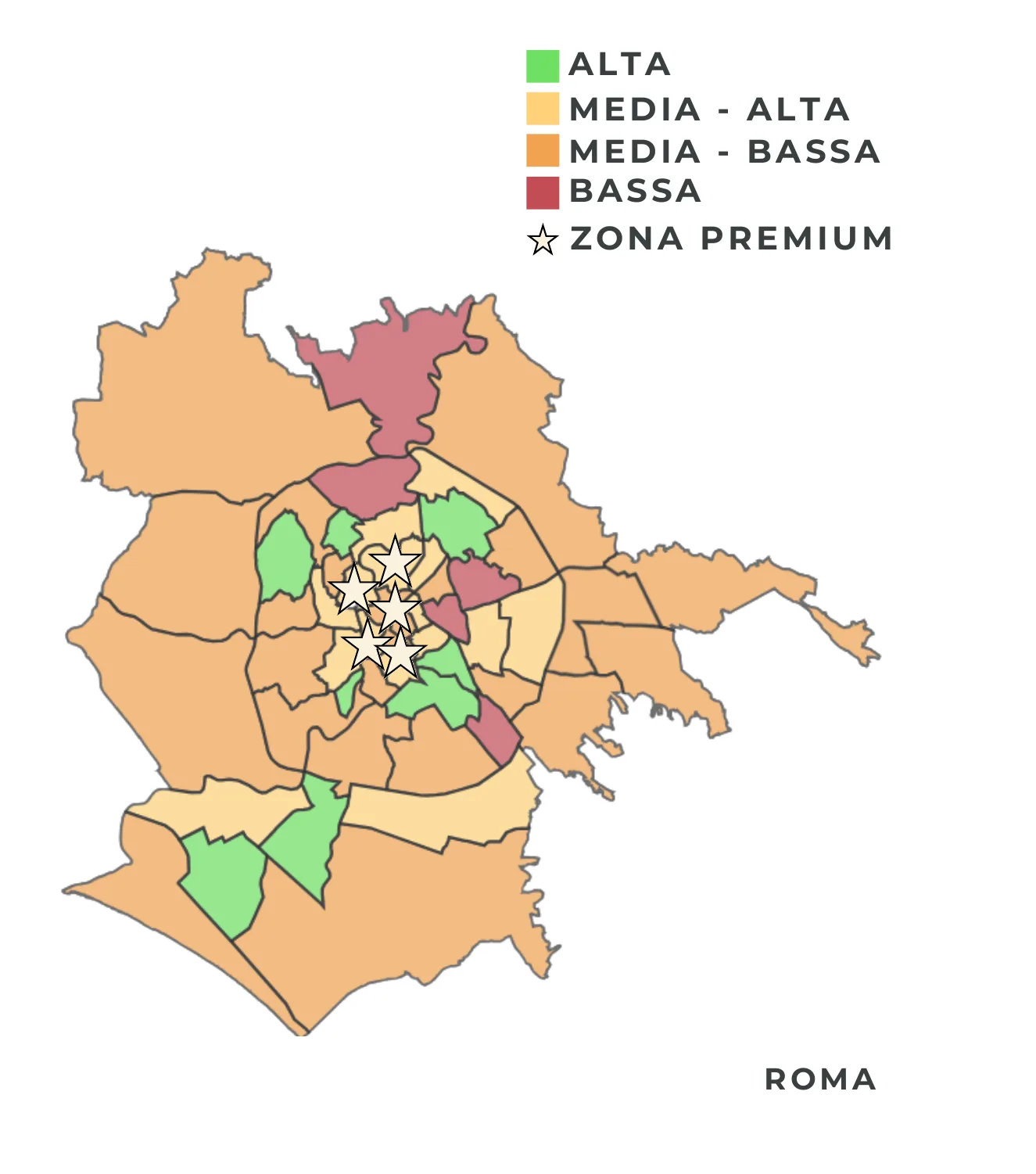 Mappa della vendibilità reale dei quartieri di Roma secondo l'Osservatorio Homepanda Horizon: in verde le zone ad alta vendibilità, in rosso quelle a bassa vendibilità, con le stelle sulle zone premium
